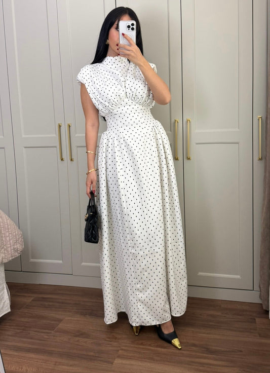 White Padded Waist-Fitted Polka Dot Dress