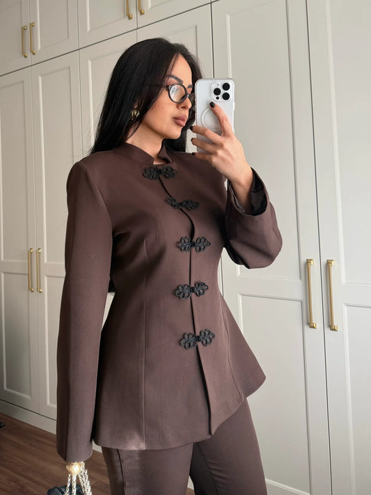 Brown Mandarin Collar Two-Piece Set