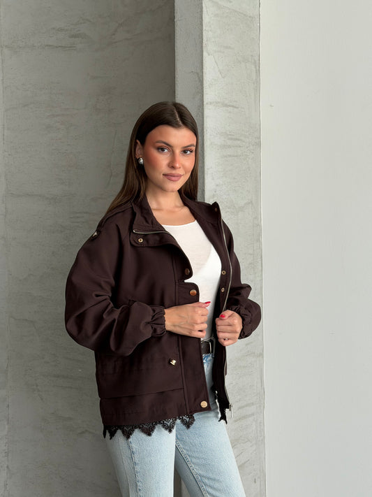 Elodie Cream Lace-Trim Utility Jacket