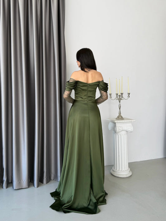 Royal Khaki Green Evening with Lace Details Dress