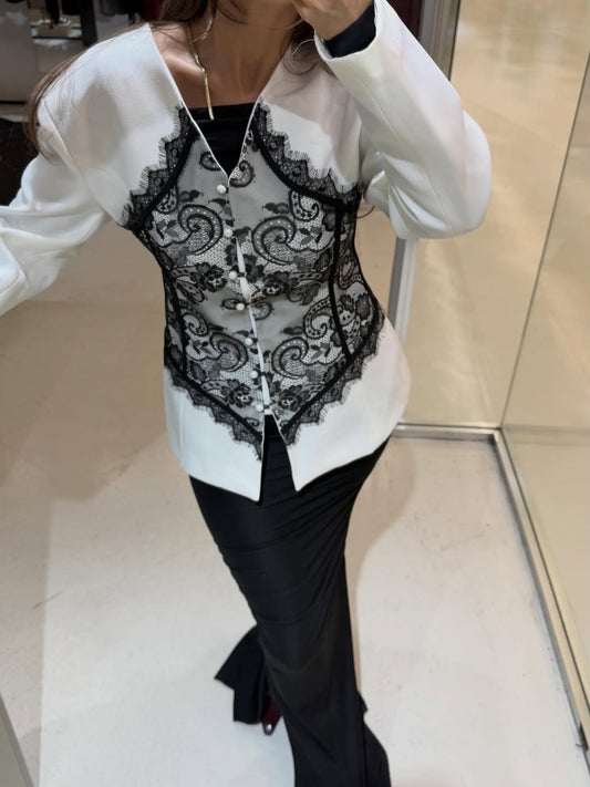 Lace Detail and V-Neck Design Blazer