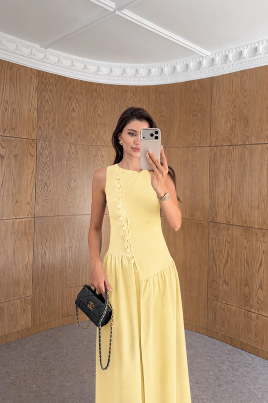 Sleeveless Yellow with Button Detail Dress
