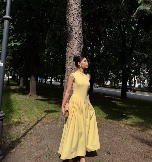 Asymmetrical Low Neck Sleeveless Long Dress