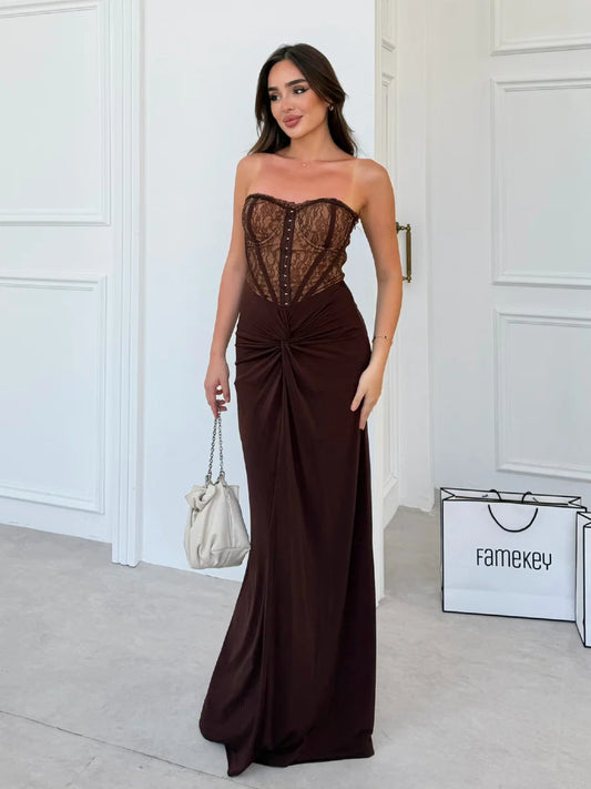 Mocha Lace Corset Maxi Dress