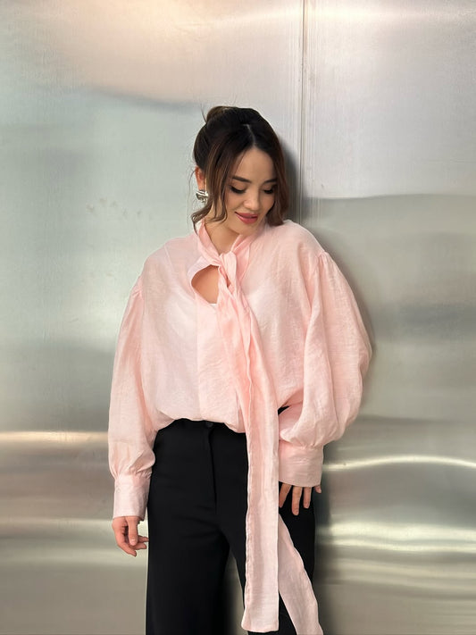 Neckline Tie-Up Balloon Sleeve Blouse