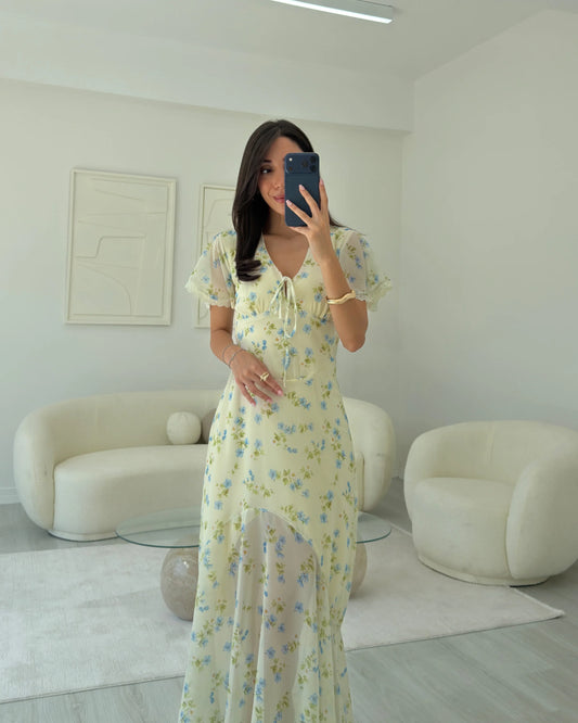 Casual Dresses Yellow Floral V Neck Mermaid Maxi Dress