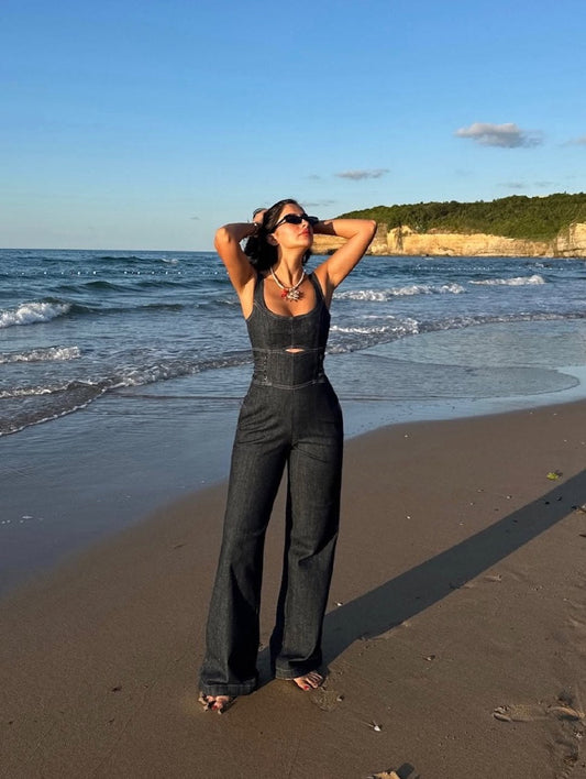 Wide Leg Belan Jumpsuit with Thick Straps Suit
