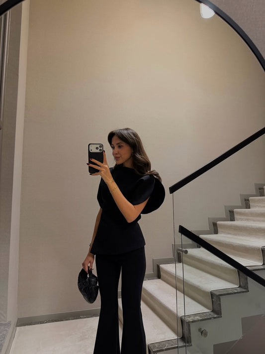Balloon Sleeve Black Blouse