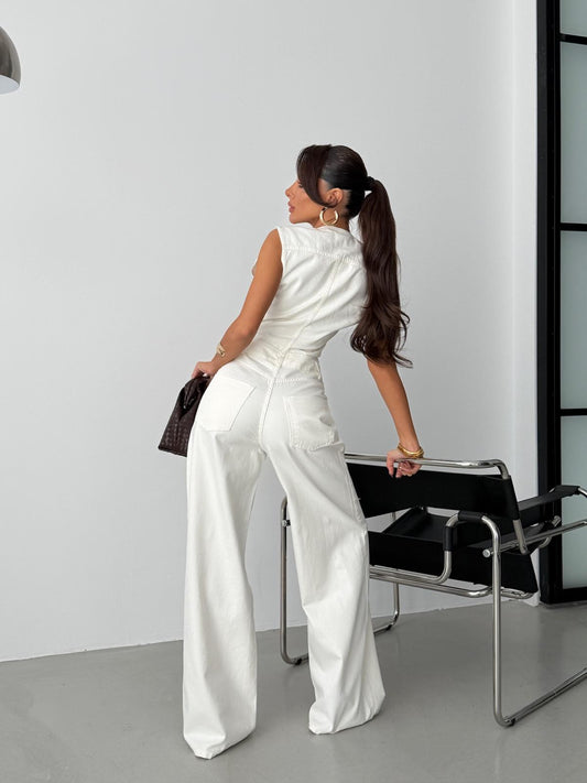 Chic Sleeveless Denim Wide-Leg Jumpsuit