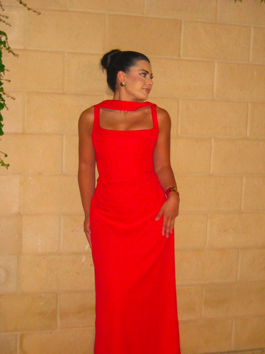 Red Piran Long with Back Buckle and Scarf Dress
