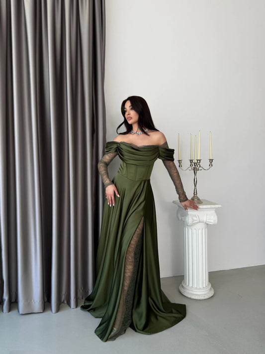 Royal Khaki Green Evening with Lace Details Dress