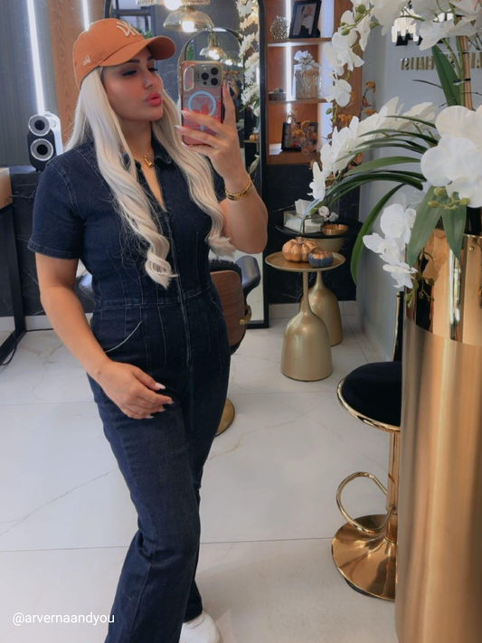 Denim Overalls with Front Zipper Short Sleeves and Bell Bottoms Suit