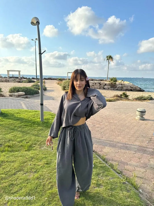 PREMIUM TENS FABRIC MINK POLO COLLAR SHIRT PALAZZO SUIT