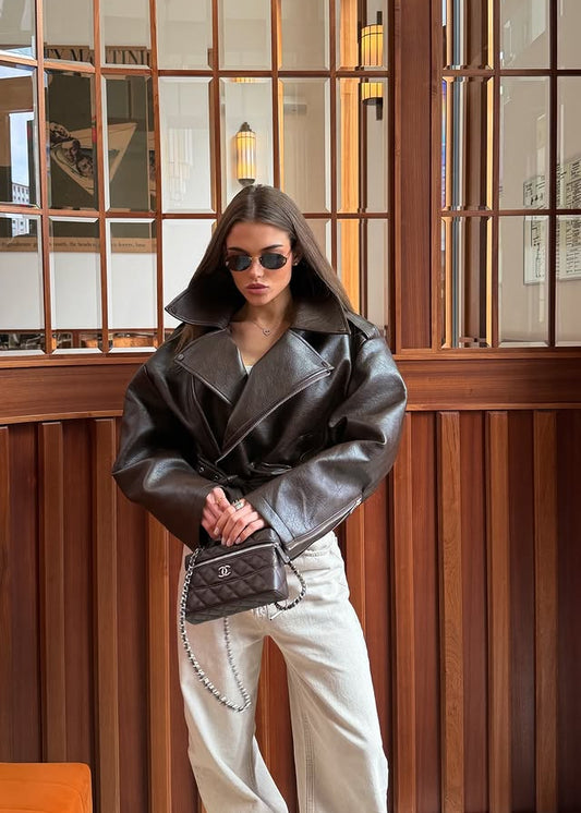 Arverna High-Neck Oversized Leather Jacket