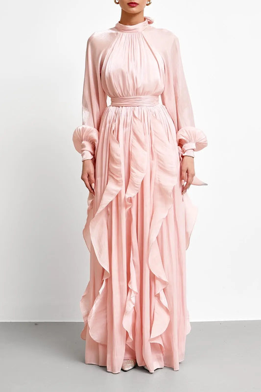 High Neck Ruffle Satin Chiffon Maxi Length Pink Dress