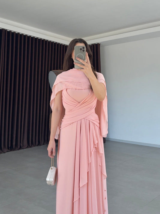 Pink Lauren Maxi with Shawl and Pleat Detail Dress