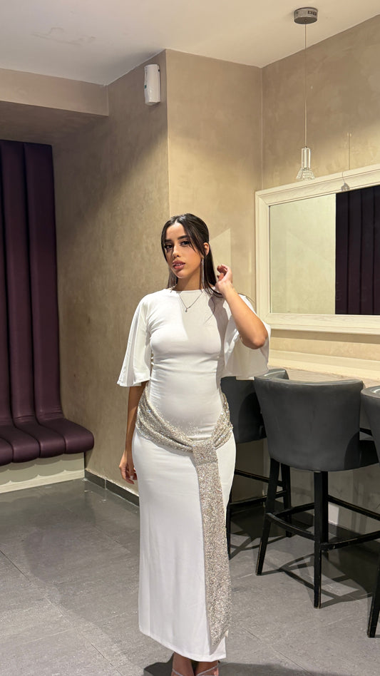 White Sequin Belted Backless Dress