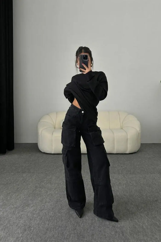 Gusta Black Multi-Pocket Low Waist Jean