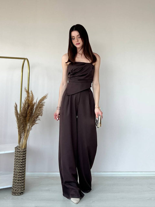 Strapless Dark Brown Draped Two-Piece Set