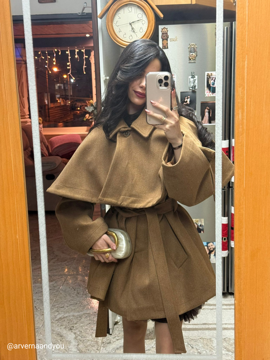 BELTED CACHET COAT WITH CAPE DETAIL JACKET