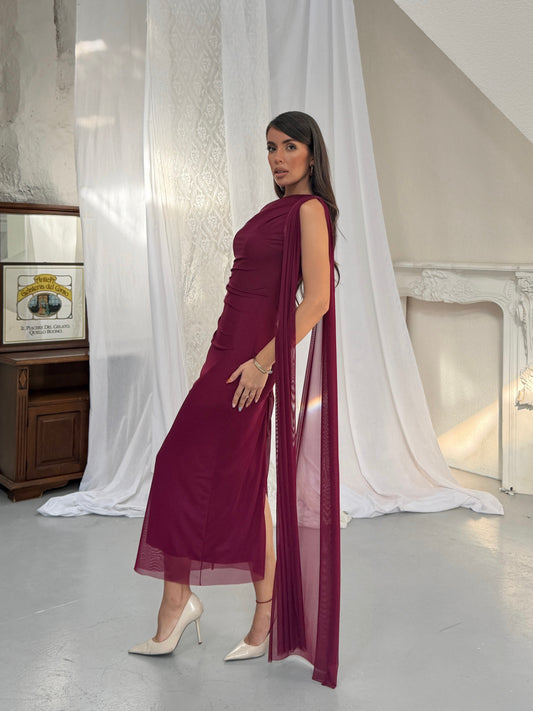Celeste Burgundy Draped One Shoulder Maxi Dress