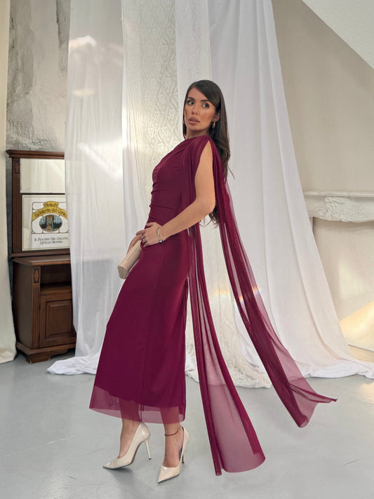 Celeste Burgundy Draped One Shoulder Maxi Dress