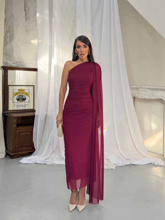 Celeste Burgundy Draped One Shoulder Maxi Dress