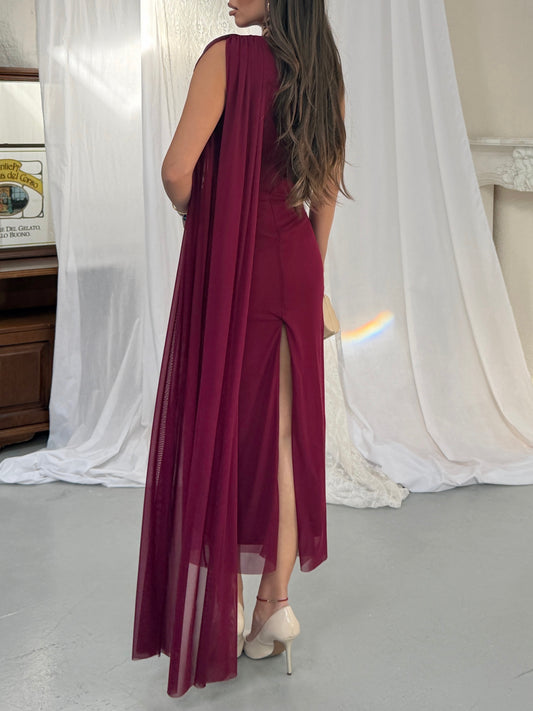 Celeste Burgundy Draped One Shoulder Maxi Dress