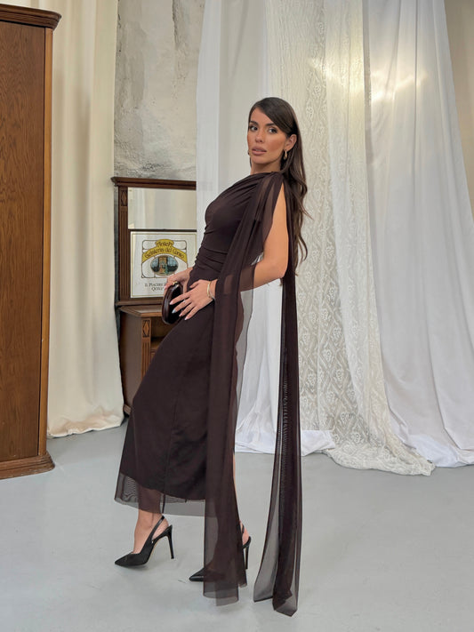 Celeste Espresso Draped One Shoulder Maxi Dress