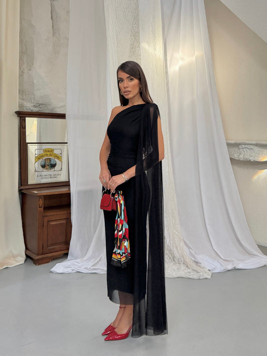 Celeste Black Draped One Shoulder Maxi Dress