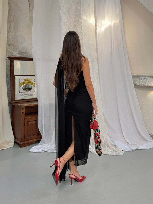 Celeste Black Draped One Shoulder Maxi Dress