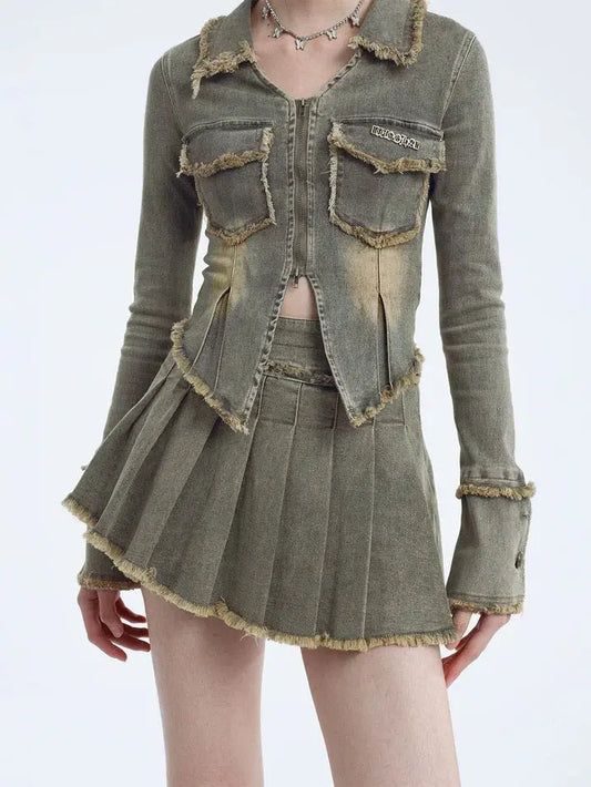 Fringe Double Zip-Up Denim Jacket