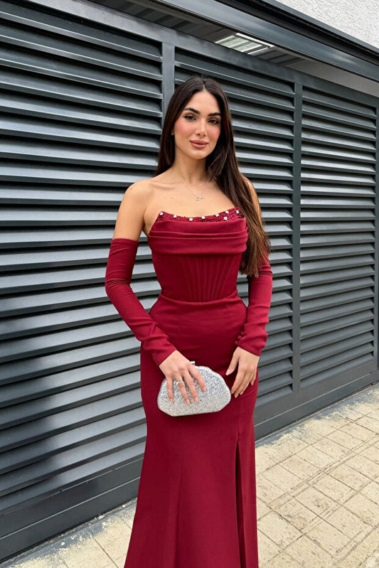 Lina's Embellished Evening in Bordo Dress