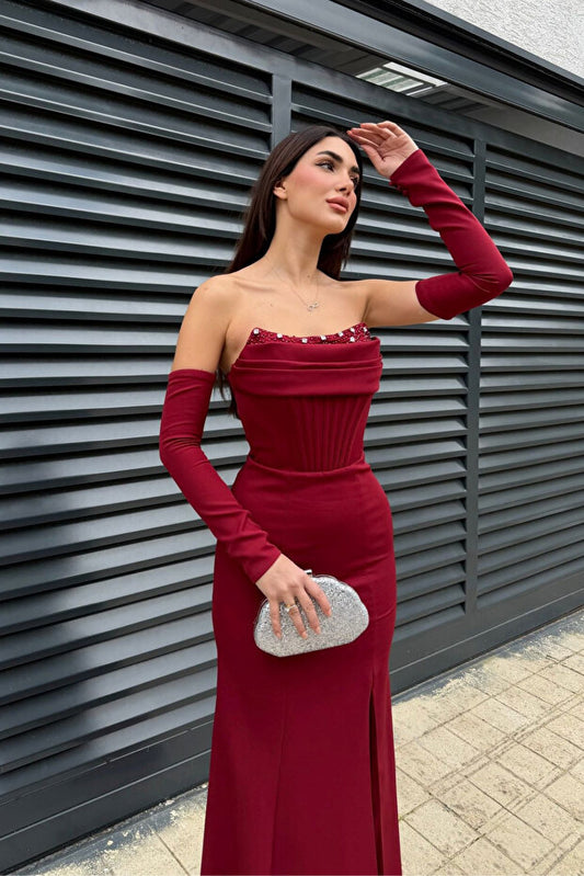 Lina's Embellished Evening in Bordo Dress