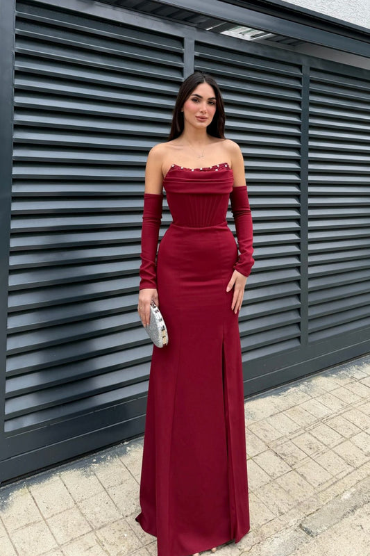Lina's Embellished Evening in Bordo Dress