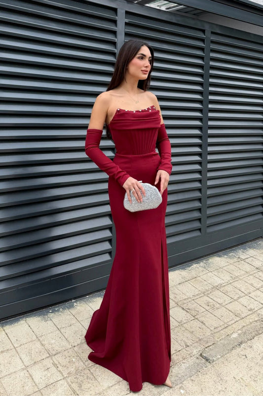 Lina's Embellished Evening in Bordo Dress