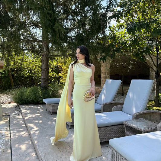 Yellow One-Shoulder Shawl Detailed Asymmetrical Satin Evening Dress
