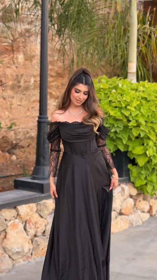 Royal Black Evening with Lace Details Dress