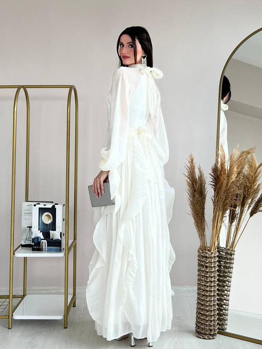 High Neck Ruffle Satin Chiffon Maxi Length White Dress