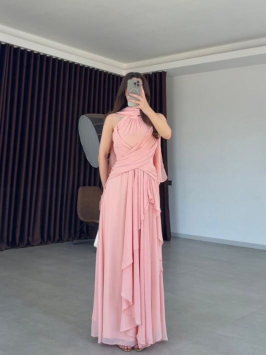 Pink Lauren Maxi with Shawl and Pleat Detail Dress