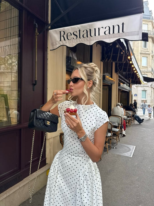 Patter White Polka Dot Midi Length Elegant Dress