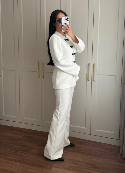 White Mandarin Collar Two-Piece Set