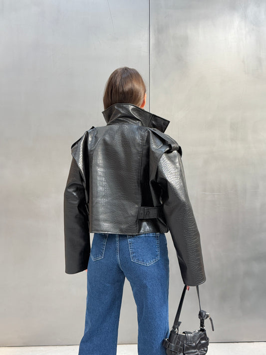 High-Neck Croc-Embossed Leather Jacket