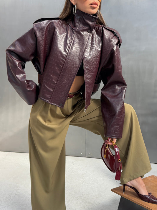 High-Neck Croc-Embossed Leather Jacket