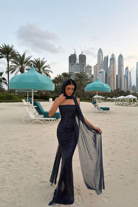 Navy Blue Sequin Strapless Dress