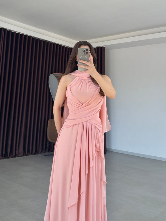 Pink Lauren Maxi with Shawl and Pleat Detail Dress