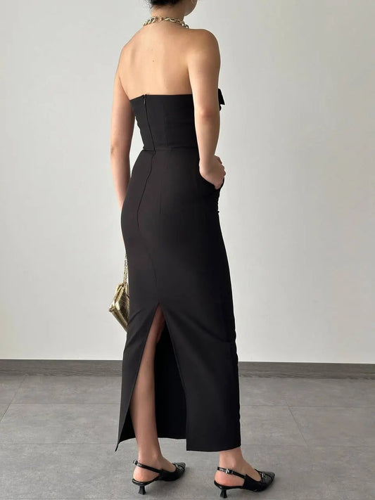 ساتين فيونك Detaylı Midi Boy Elbise