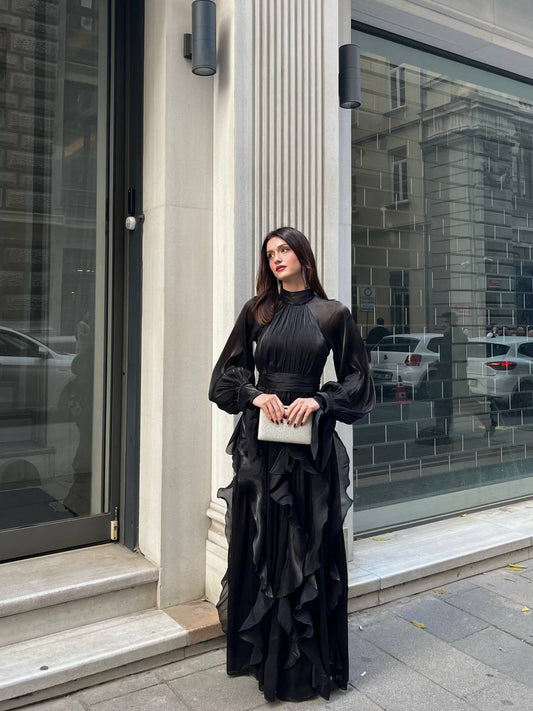 High Neck Ruffle Satin Chiffon Maxi Length Black Dress