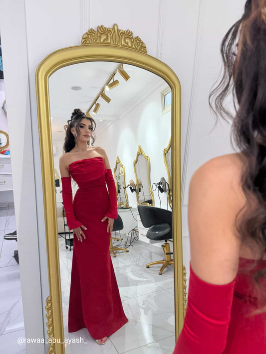 Alya Satin Red Sleeve Evening Dress