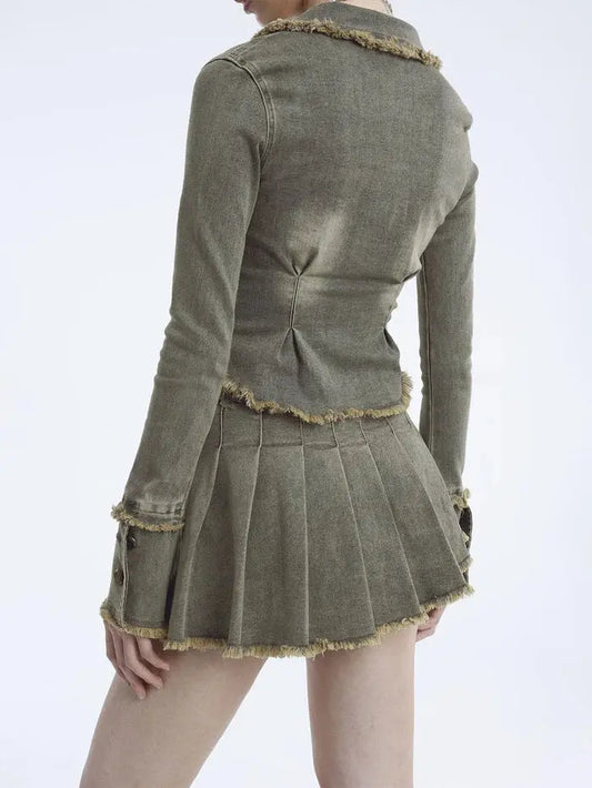 تنورة جينز مغسولة مجعدة ذات شراشيب